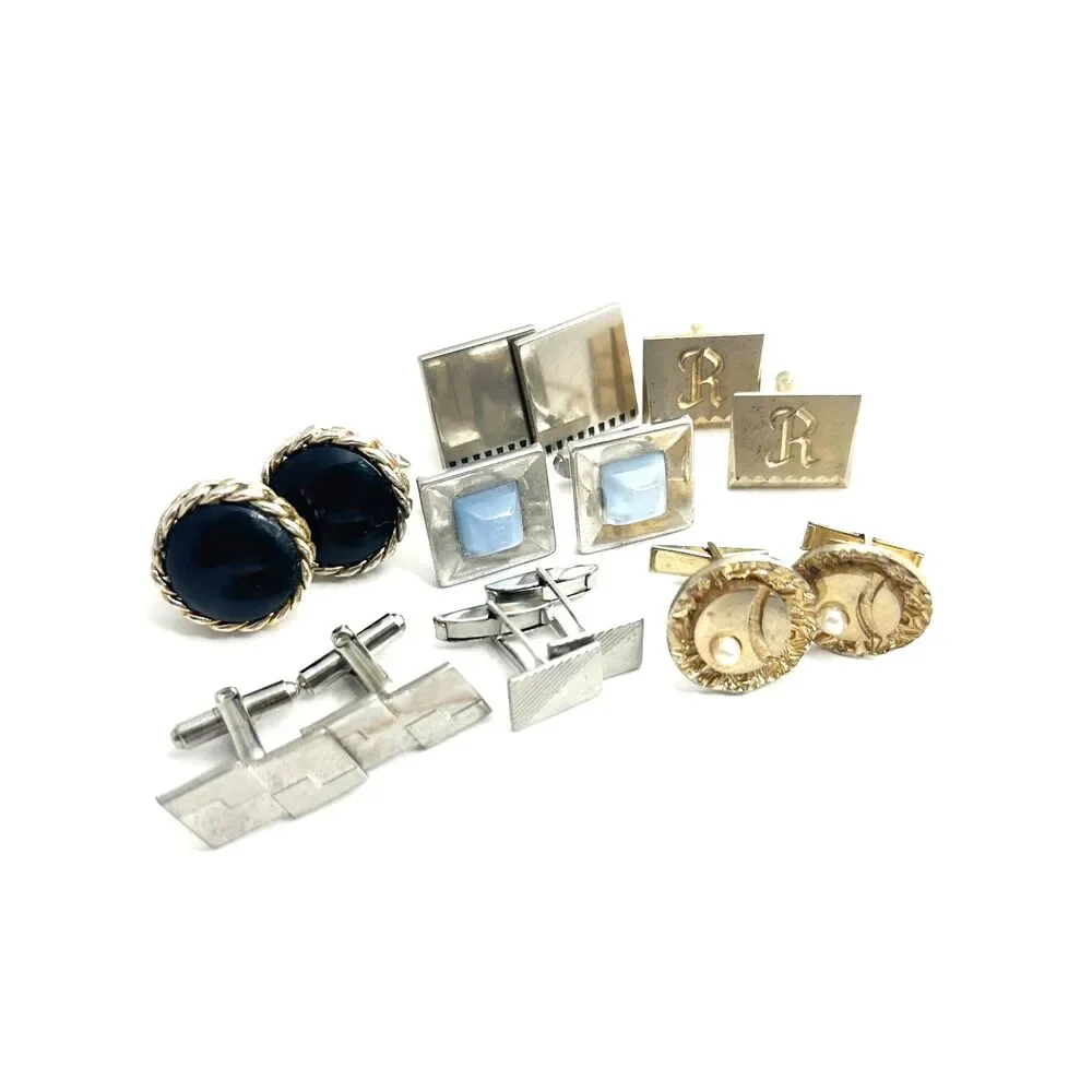 7 pair of vintage cufflinks silver and gold tone Black cabochon faux pearl